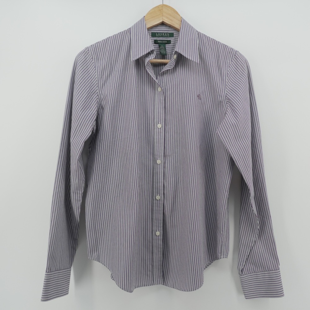 Lauren Ralph Lauren Button Down Womens S Purple Striped Non-Iron Cotton Shirt - Picture 2 of 8
